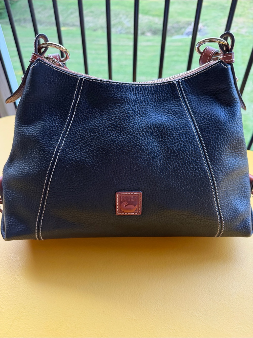 Dooney & Bourke Black Pebble Leather Shoulder Bag with Brown Trim